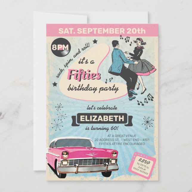 Invitation Cinquante Anniversaire Rockabiliste En Rose (Devant)