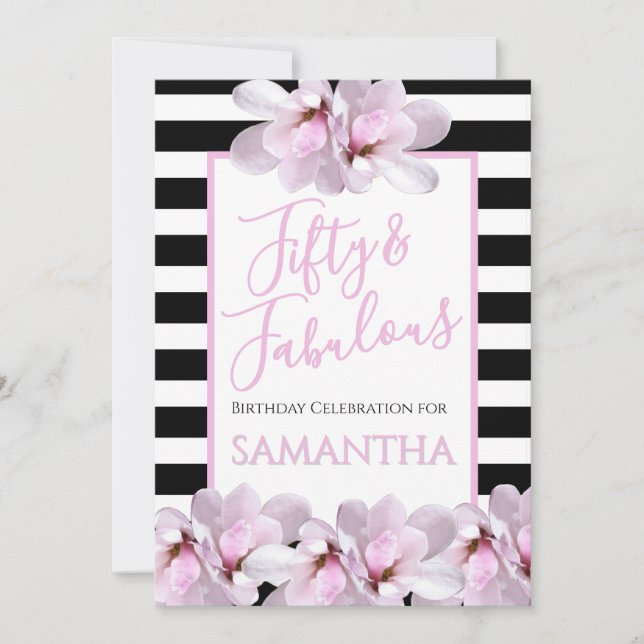 Invitation Cinquante ans et Fabuleux Anniversaire Fleurs Rose (Devant)