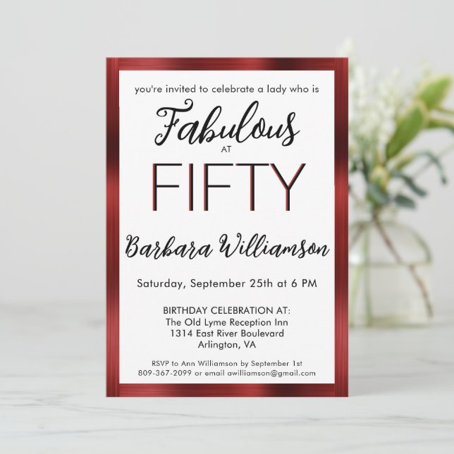 Invitation Cinquante ans et Fabuleux avec une bordure rouge F (Debout devant)