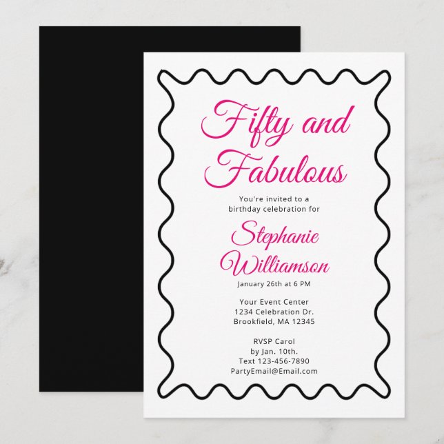 Invitation Cinquante ans et Fabuleux Écriture Rose et Noire (Devant / Derrière)