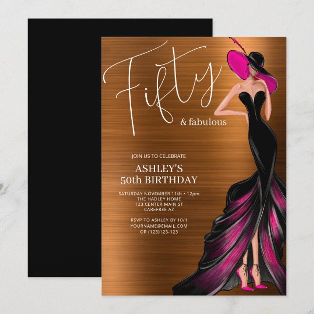 Invitation Cinquante ans et Fabuleux Élégant Rose 50e Anniver (Devant / Derrière)