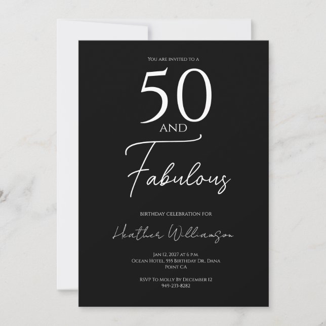 Invitation Cinquante ans et Fabuleux Fête d'anniversaire noir (Devant)