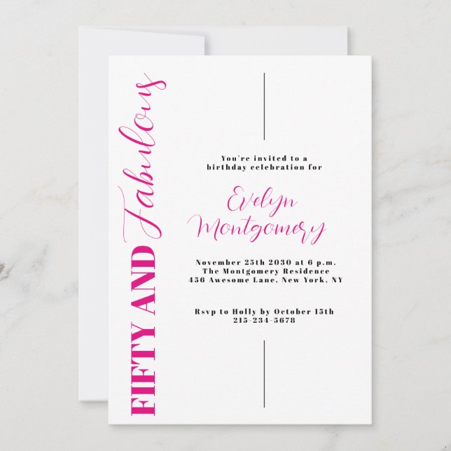 Invitation Cinquante ans et Fabuleux Fête d'anniversaire Rose (Devant)