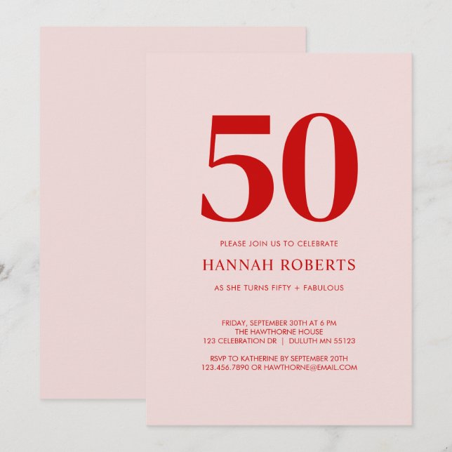Invitation Cinquante ans et Fabuleux Fête d'anniversaire rose (Devant / Derrière)