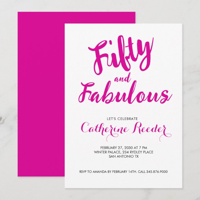 Invitation Cinquante ans et Fabuleux Fête d'anniversaire rose (Devant / Derrière)