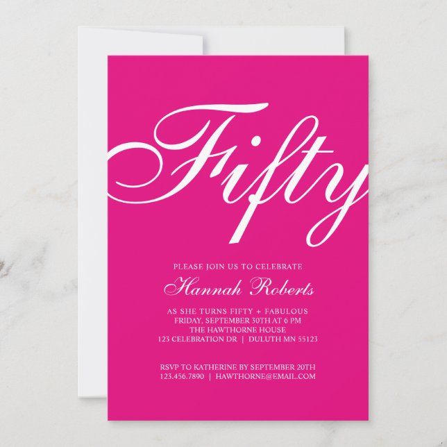 Invitation Cinquante ans et Fabuleux Fête d'anniversaire rose (Devant)