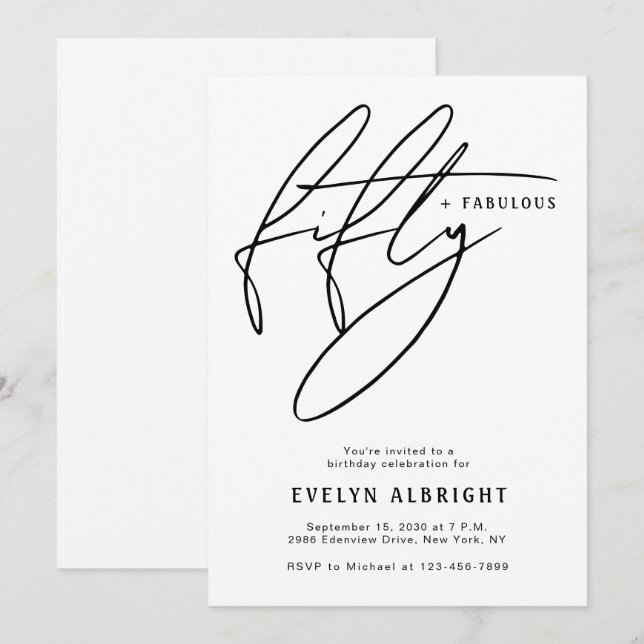 Invitation Cinquante ans et Fabuleux Minimal Fête d'anniversa (Devant / Derrière)