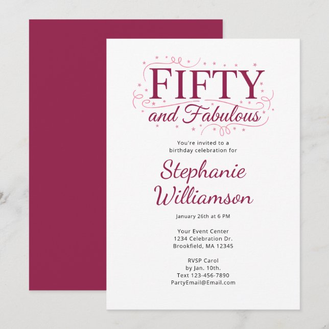 Invitation Cinquante ans et Fabuleux Noir Baies Rose Script (Devant / Derrière)