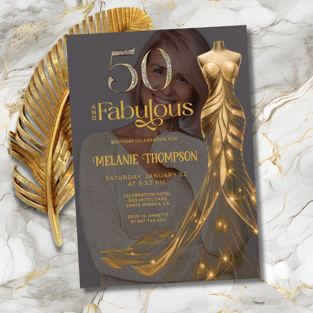 Invitation Cinquante ans et Fabuleux Robe Dorée Photo 50e Ann (Fifty and Fabulous Gold Dress Photo 50th Birthday invitation with Gold and Diamond 50 on Black.)