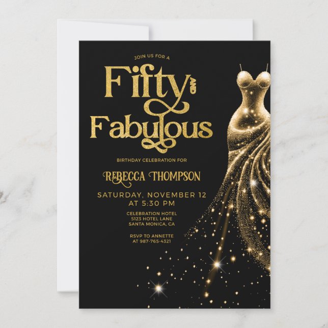 Invitation Cinquante ans et Fabuleux Robe Or Noir 50e Anniver (Devant)