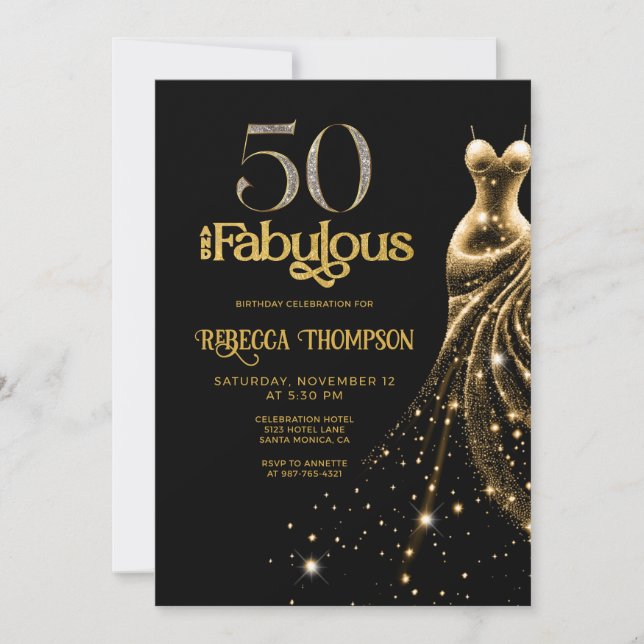 Invitation Cinquante ans et Fabuleux Robe Or Noir 50e Anniver (Devant)