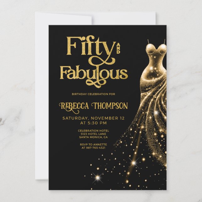Invitation Cinquante ans et Fabuleux Robe Or Noir 50e Anniver (Devant)
