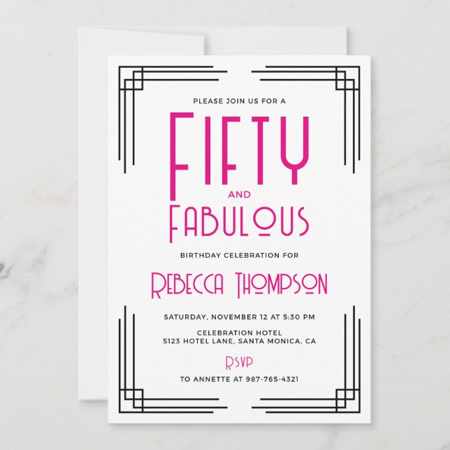 Invitation Cinquante ans et Fabuleux Rose Chaud Art Déco 50e  (Devant)