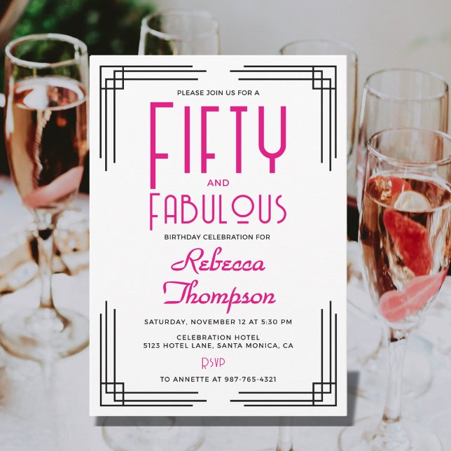 Invitation Cinquante ans et Fabuleux Rose Chaud Art Déco 50e  (Fifty and Fabulous Hot Pink Art Deco 50th Birthday Invitation with art deco corners.)