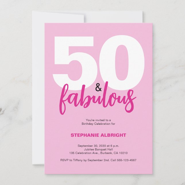 Invitation Cinquante ans et Fabuleux Rose Foncé Fête d'annive (Devant)