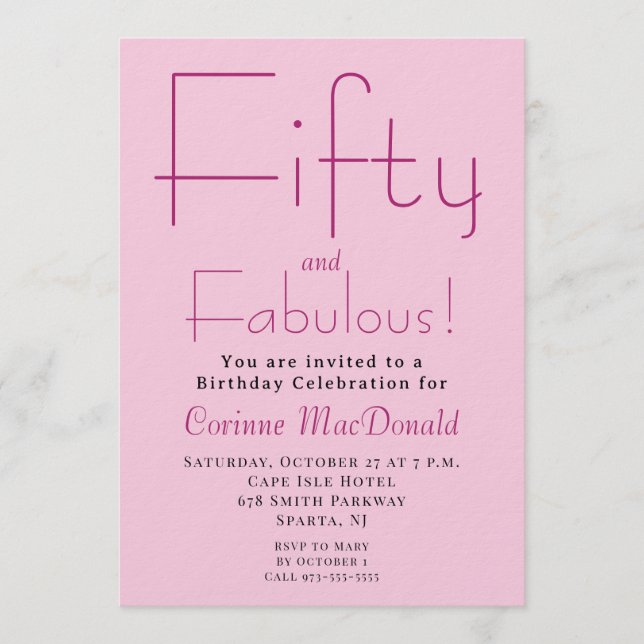 Invitation Cinquante ans et Fabuleux Rose Foncé Fête d'annive (Devant)