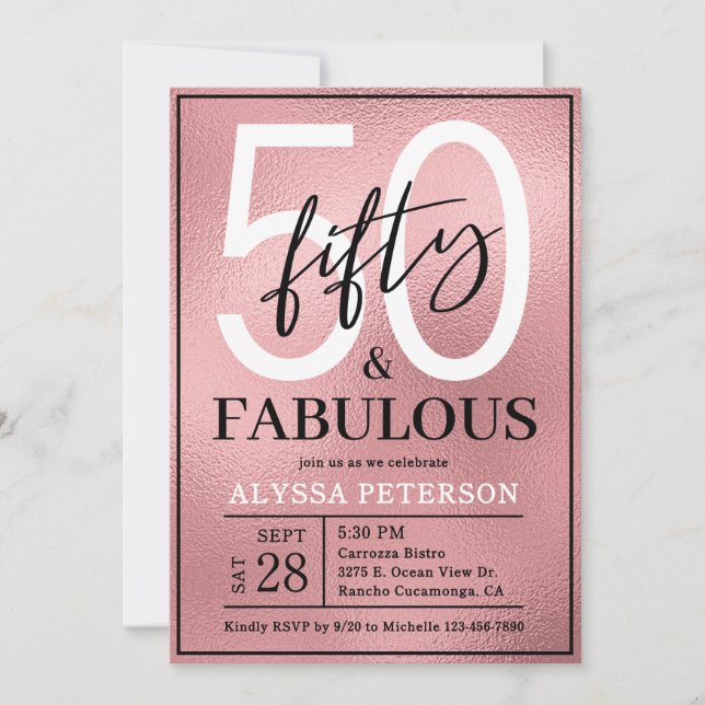 Invitation Cinquante ans et Fabuleux Rose Gold Écriture 50e A (Devant)