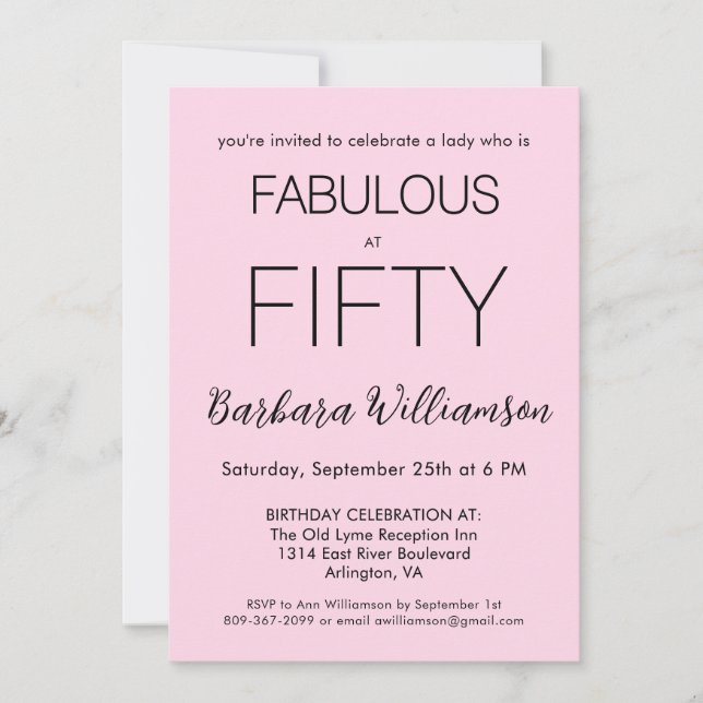Invitation Cinquante ans et Fabuleux Rose Pâle Fête d'anniver (Devant)