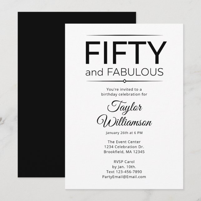 Invitation Cinquante ans et Fabuleux Script Noir et Blanc (Devant / Derrière)