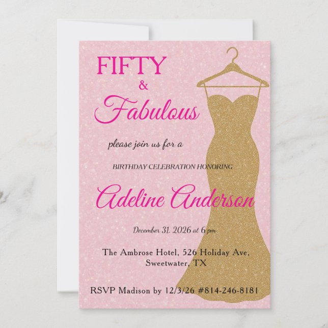 Invitation Cinquante ans et Fabuleux Script Rose Or 50e Anniv (Devant)