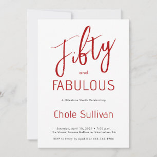 Invitation Cinquante ans et Fabuleux Script Rouge Fête d'anni