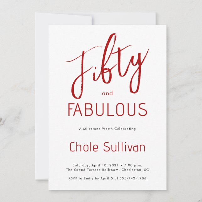 Invitation Cinquante ans et Fabuleux Script Rouge Fête d'anni (Devant)