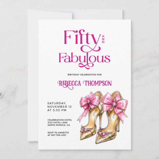 Invitation Cinquante ans et Fabuleux Talons Roses en Or pour  (Devant)
