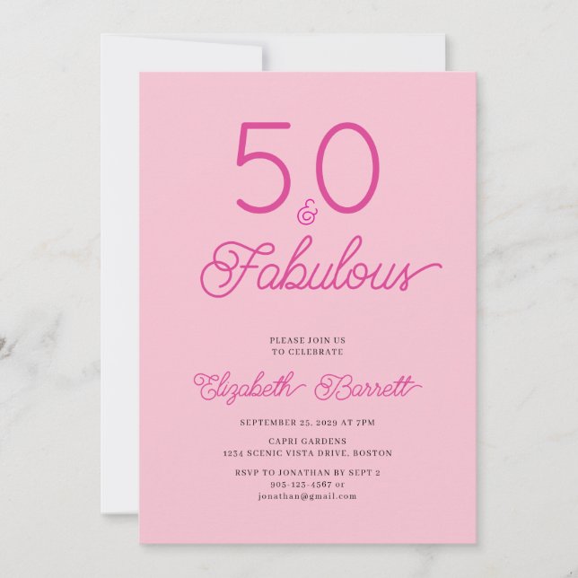 Invitation Cinquante ans et Fabuleux Texte Rose Fête d'annive (Devant)