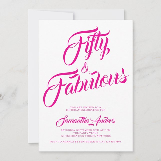 Invitation Cinquante ans et Fabuleux Texte Rose pour une Fête (Devant)