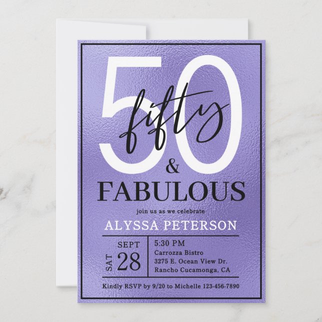 Invitation Cinquante ans et Fabuleux Texte Violet 50e Anniver (Devant)