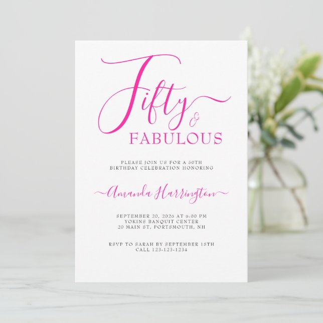 Invitation Cinquante ans et Fabulueux Écriture Rose 50e Fête  (Debout devant)