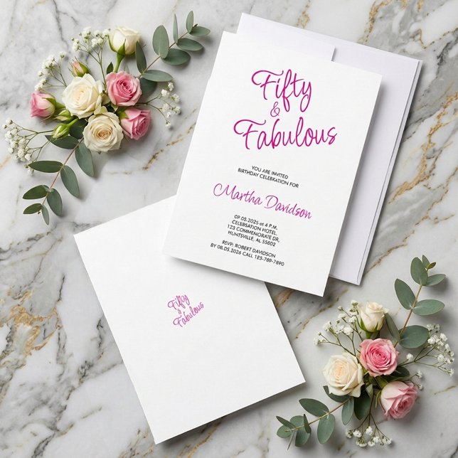 Invitation Cinquante ans et Fabuluse Célébration d'anniversai (Fifty & Fabulous Pink Birthday Celebration Invitation)