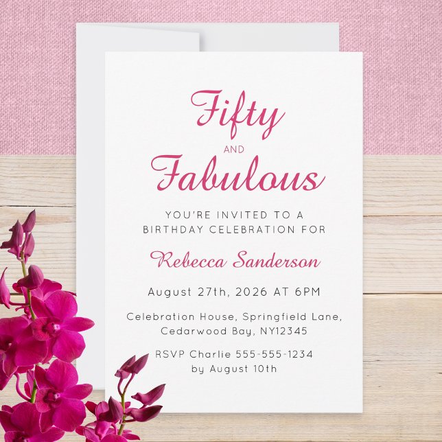 Invitation Cinquante ans et Fantastique Écriture Rose Fête d' (A stylish "Fifty and Fabulous" birthday invitation with elegant pink and black typography)