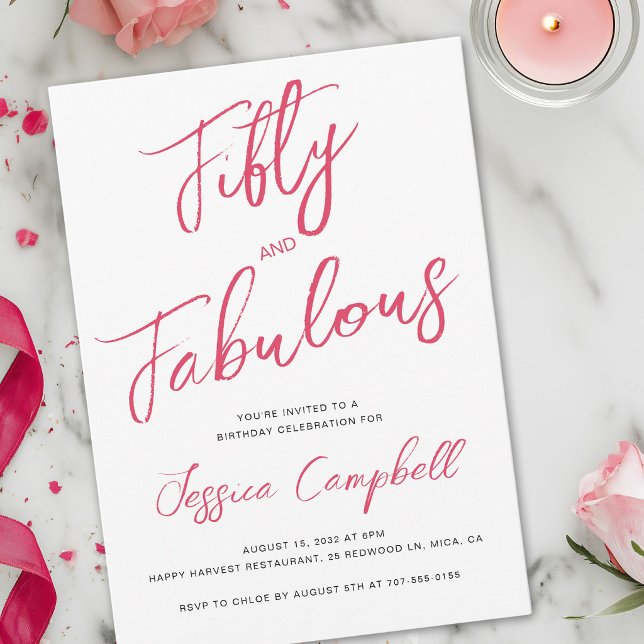 Invitation Cinquante ans et Fantastique Écriture Rose Fête d' (Créateur téléchargé)