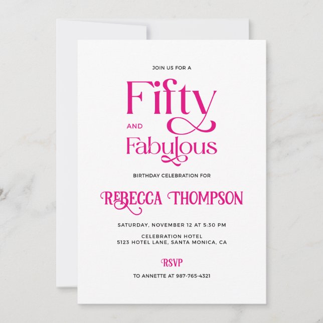 Invitation Cinquante ans Fantastique Script Rose Chaud 50e An (Devant)