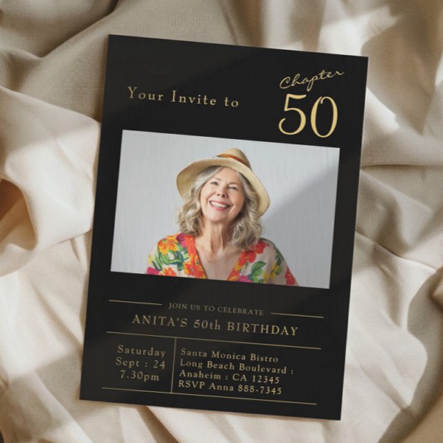 Invitation Cinquante Black Gold 50th Birthday Party Photo (50th birthday black and gold party invitation on a fabric background )