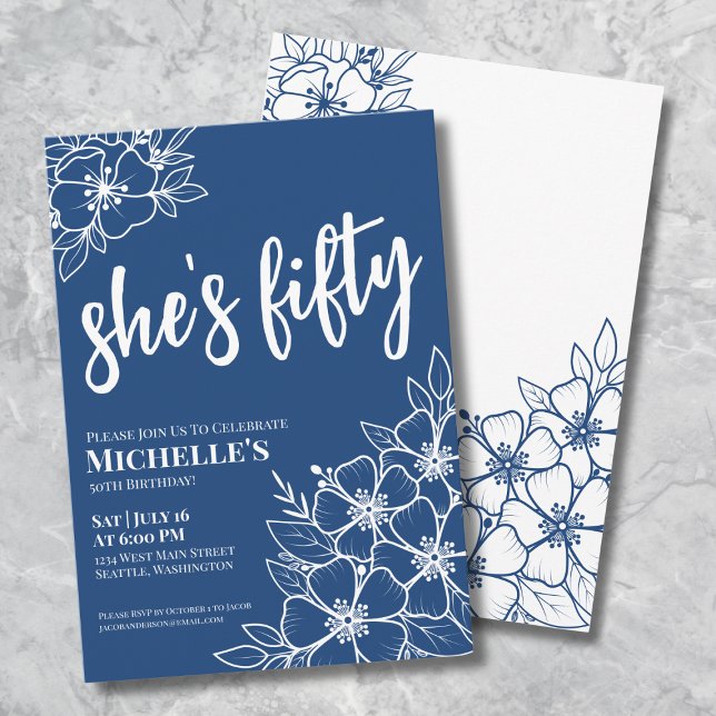 Invitation Cinquante Bleu Fête d'anniversaire 50 ans (Elegant Fifty Blue 50th Birthday Party Invitation )