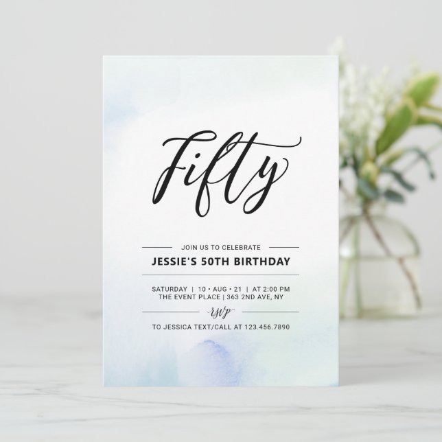 Invitation Cinquante | Blue Watercolor 50th Birthday Party (Debout devant)