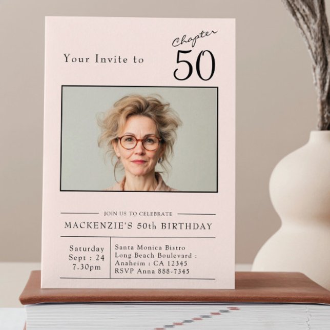 Invitation Cinquante Blush Pink 50e Anniversaire Photo (50th birthday invitation on a book.)