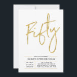 Invitation Cinquante | Brosse moderne Gold 50th Birthday Part<br><div class="desc">Célébrez votre journée spéciale avec cette simple et élégante invitation à la fête du 40e anniversaire. Ce design comprend un script de brosse chic "Fifty" avec une mise en page propre en noir et or. D'autres conceptions et fournitures de fête sont disponibles à ma boutique BaraBomDesign.</div>