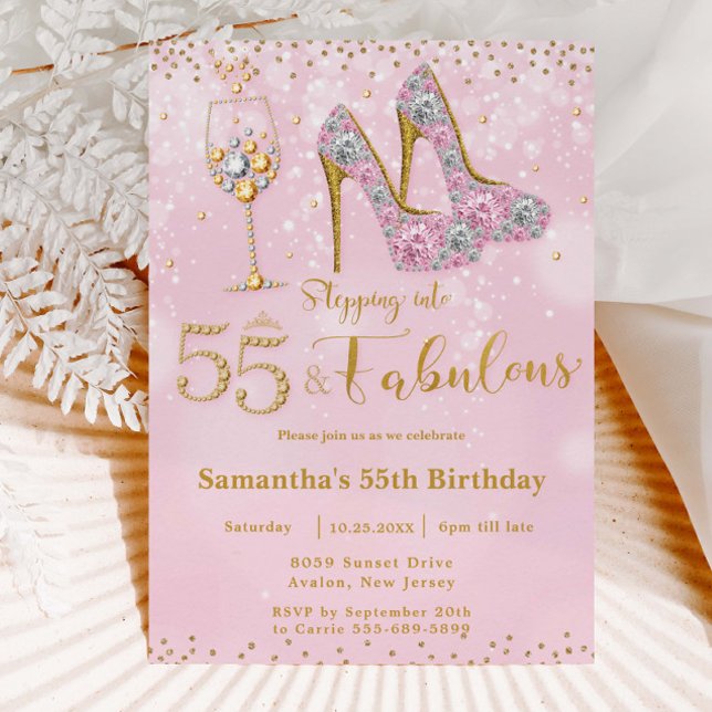 Invitation Cinquante cinq fabuleux talons hauts Bubbly 55 Ann (sparkly-diamond-glamour-gold-pink-high-heel-platform-pump-stiletto-stepping-into-fifty-five-birthday)