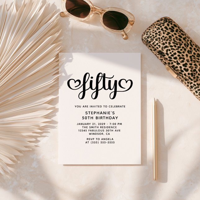 Invitation Cinquante cœurs mignons Script 50e anniversaire (Fifty Cute Hearts Script 50th Birthday Invitation)