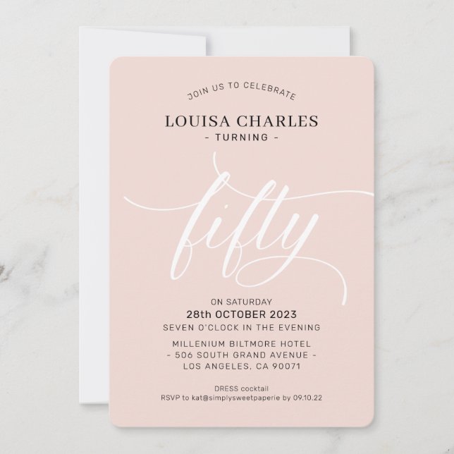 Invitation CINQUANTE élégant anniversaire chic script blush r (Devant)