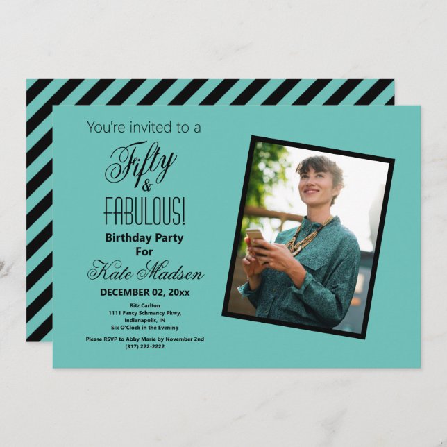 Invitation Cinquante et FABULEUSE fête d'anniversaire Turquoi (Devant / Derrière)