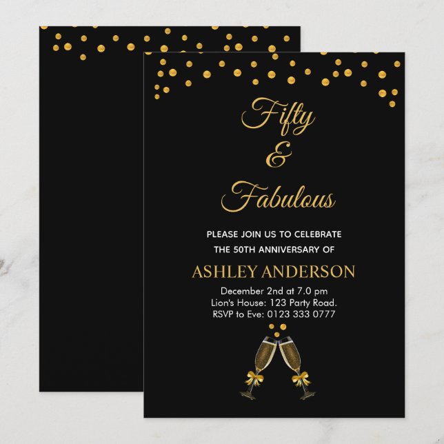 Invitation Cinquante et fabuleux avec confettis dorés sur fon (Devant / Derrière)