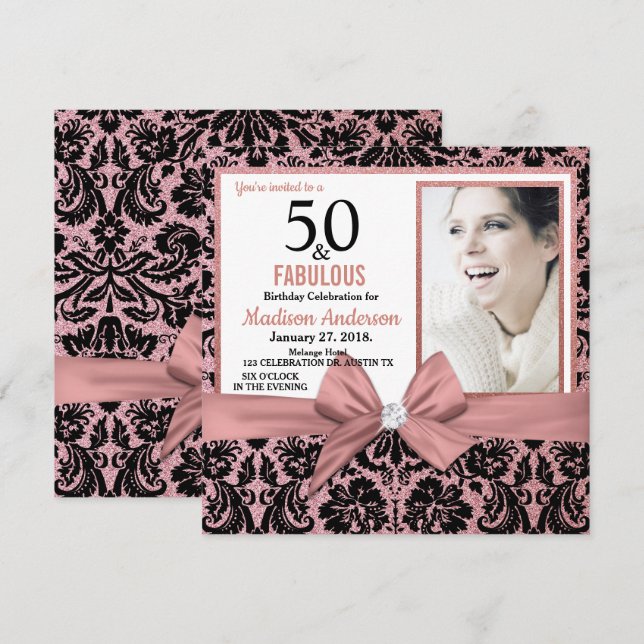 Invitation Cinquante et fabuleux damas d'or Rose |50e anniver (Devant / Derrière)