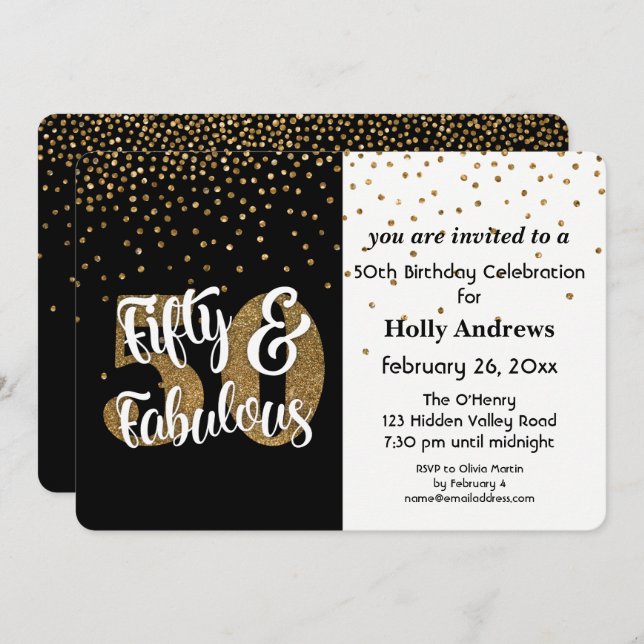 Invitation Cinquante et fabuleux Gold Faux Parties scintillan (Devant / Derrière)