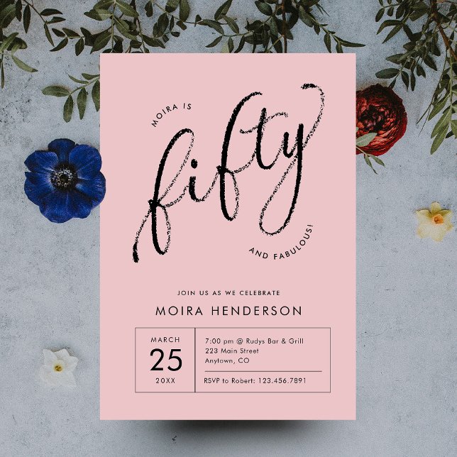 Invitation Cinquante et fabuleux moderne Dusty rose 50e anniv (modern minimal dusty pink fifty and fabulous script type 50th birthday party invite)