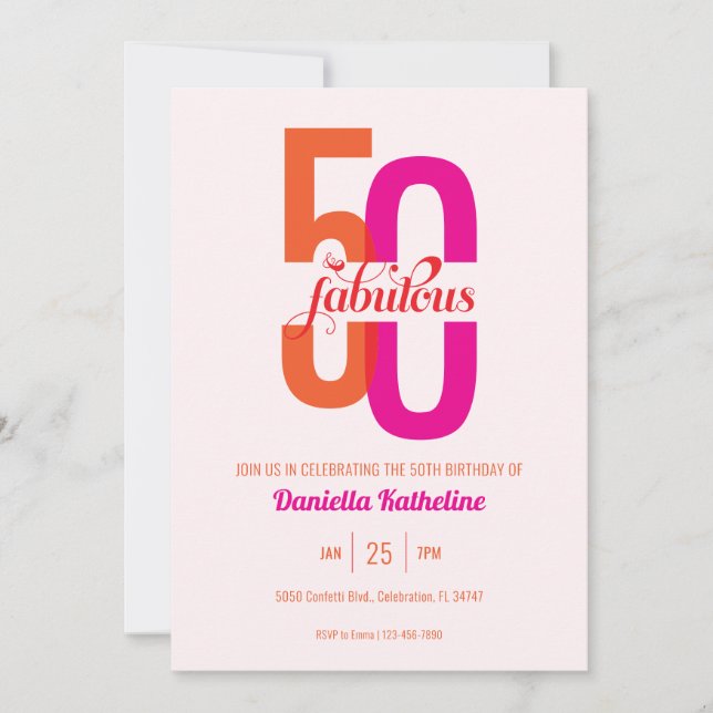 Invitation Cinquante et fabuleux Orange rose 50e anniversaire (Devant)