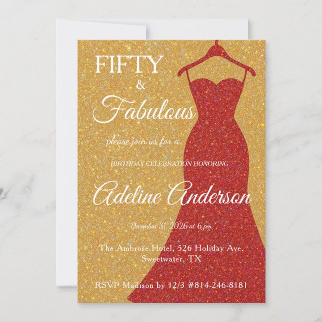 Invitation Cinquante et Fabuleux Script Or Rouge Blanc 50ème (Devant)
